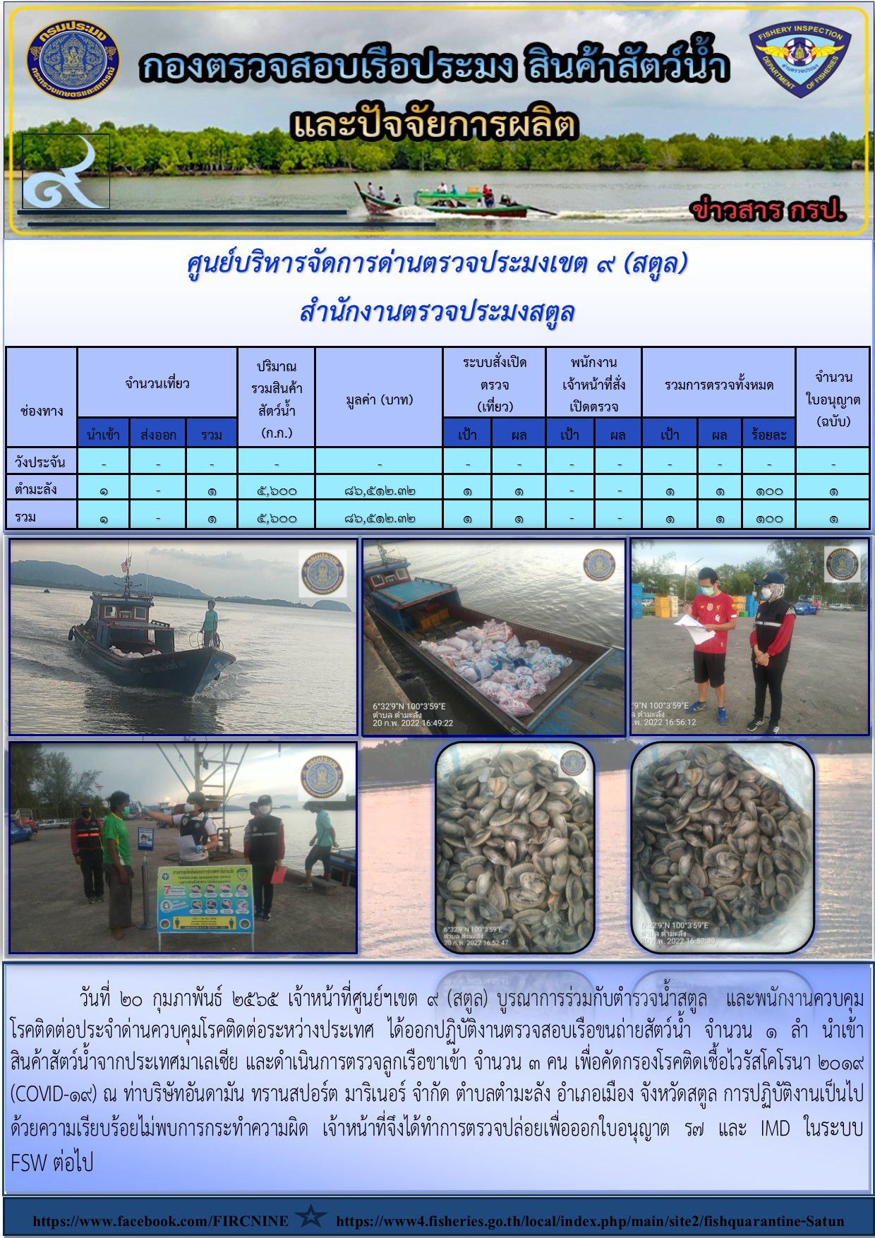 ประชาสัมพันธ์การปฏิบัติงานศูนย์บริหารจัดการด่านตรวจประมงเขต 9(สตูล) ประจำวันที่ 19-23 กุมภาพันธ์ 2565..คลิก
