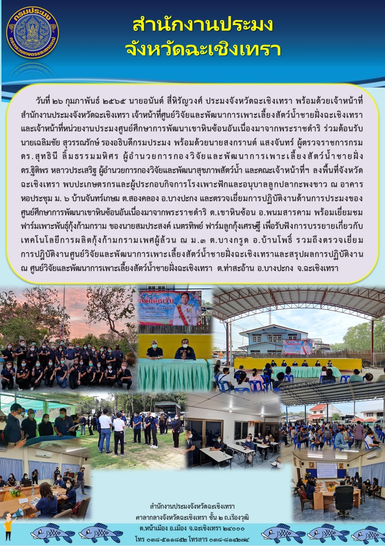 นายอนันต์ สี่หิรัญวงศ์ ประมงจังหวัดฉะเชิงเทรา พร้อมด้วยเจ้าหน้าที่สำนักงานประมงจังหวัดฉะเชิงเทรา เจ้าหน้าที่ศูนย์วิจัยและพัฒนาการเพาะเลี้ยงสัตว์น้ำชายฝั่งฉะเชิงเทรา และเจ้าหน้าที่หน่วยงานประมงศูนย์ศึกษาการพัฒนาเขาหินซ้อนอันเนื่องมาจากพระราชดำริ ร่วมต้อนรับ นายเฉลิมชัย สุวรรณรักษ์ รองอธิบดีกรมประมง พร้อมด้วยนายสงกรานต์ แสงจันทร์ ผู้ตรวจราชการกรมประมง ดร.สุทธินี ลิ้มธรรมมหิศร ผู้อำนวยการกองวิจัยและพัฒนาการเพาะเลี้ยงสัตว์น้ำชายฝั่ง ดร.ฐิติพร หลาวประเสริฐ ผู้อำนวยการกองวิจัยและพัฒนาสุขภาพสัตว์น้ำ และคณะเจ้าหน้าที่ฯ ลงพื้นที่จังหวัดฉะเชิงเทรา พบปะเกษตรกรและผู้ประกอบกิจการโรงเพาะฟักและอนุบาลลูกปลากะพงขาว ณ อาคารหอประชุม ม.6 บ้านจันทร์เกษม ตำบลสองคลอง อำเภอบางปะกง จังหวัดฉะเชิงเทรา..คลิก