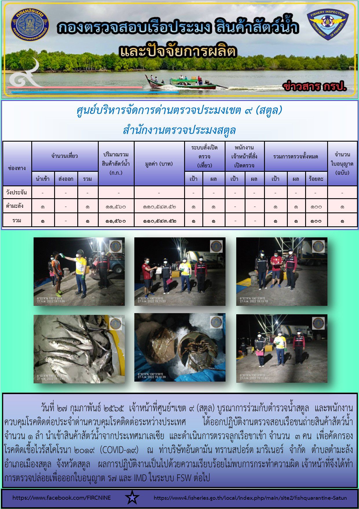 ประชาสัมพันธ์การปฏิบัติงานศูนย์บริหารจัดการด่านตรวจประมงเขต 9(สตูล) ประจำวันที่ 24-28 กุมภาพันธ์  2565..คลิก