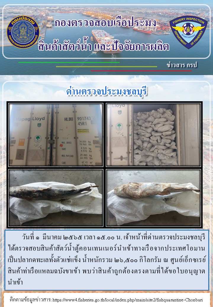 การปฏิบัติงานของเจ้าหน้าที่ด่านตรวจประมงชลบุรีประจำวันที่ 1 มีนาคม 2565..คลิก