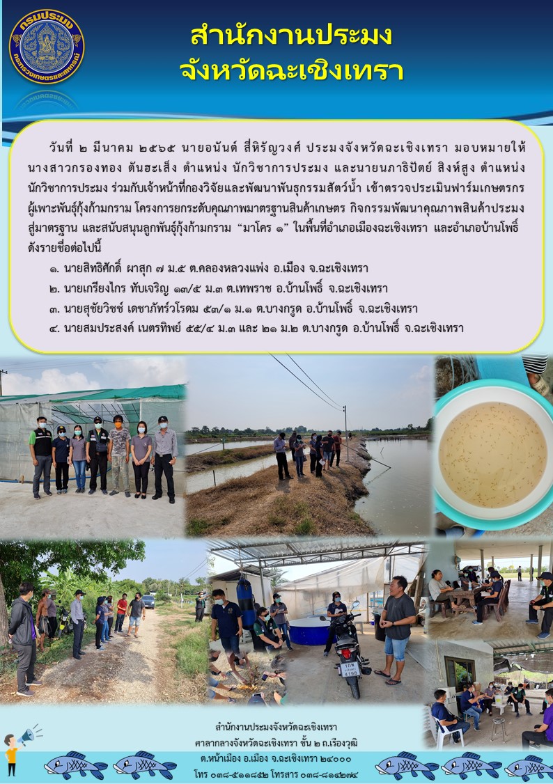 นายอนันต์ สี่หิรัญวงศ์ ประมงจังหวัดฉะเชิงเทรา มอบหมายให้ นางสาวกรองทอง ตันฮะเส็ง นักวิชาการประมง (พนักงานราชการ) และนายนภาธิปัตย์ สิงห์สูง นักวิชาการประมง (พนักงานราชการ) ร่วมกับเจ้าหน้าที่กองวิจัยและพัฒนาพันธุกรรมสัตว์น้ำ เข้าตรวจประเมินฟาร์มเกษตรกรผู้เพาะพันธุ์กุ้งก้ามกราม โครงการยกระดับคุณภาพมาตรฐานสินค้าเกษตร กิจกรรมพัฒนาคุณภาพสินค้าประมง สู่มาตรฐาน และสนับสนุนลูกพันธุ์กุ้งก้ามกราม..คลิก