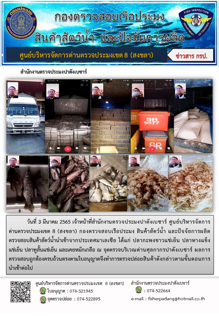 ประชาสัมพันธ์การปฏิบัติงาน วันที่ 3 มีนาคม 2565 สำนักงานตรวจประมงปาดังเบซาร์..คลิก