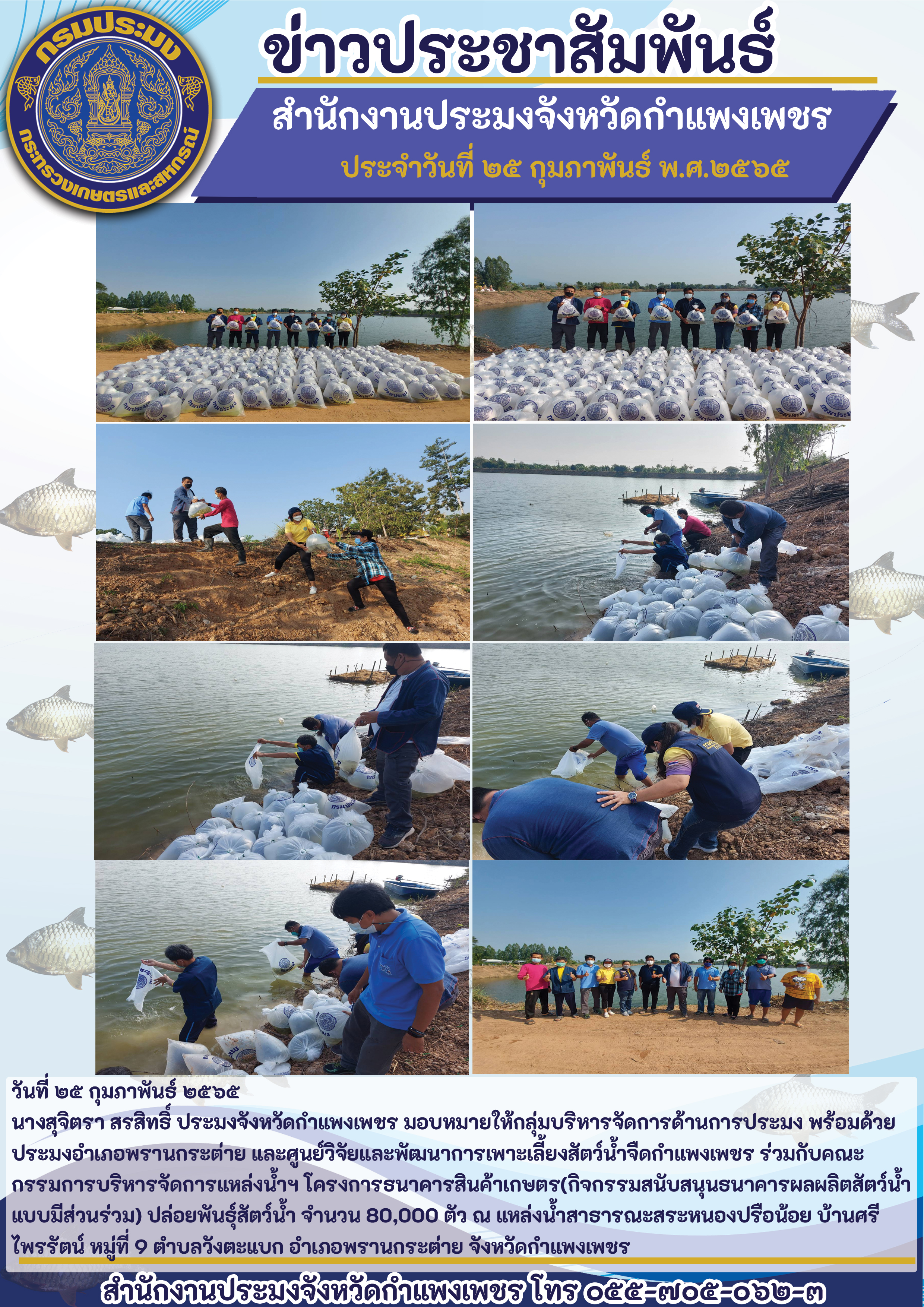 โครงการธนาคารสินค้าเกษตร (กิจกรรมสนับสนุนธนาคารผลผลิตสัตว์น้ำ แบบมีส่วนร่วม) ปล่อยพันธุ์สัตว์น้ำ จำนวน 80,000 ตัว ณ แหล่งน้ำสาธารณะสระหนองปรือน้อย บ้านศรี ไพรรัตน์ หมู่ที่ 9 ตำบลวังตะแบก อำเภอพรานกระต่าย จังหวัดกำแพงเพชร