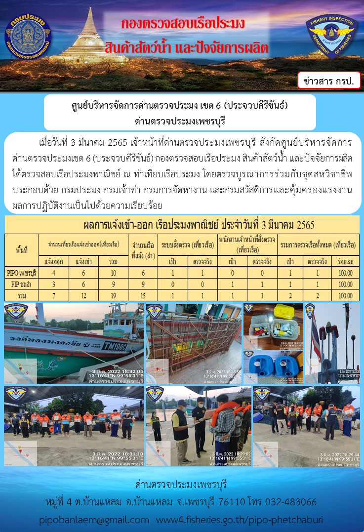 ข่าวประชาสัมพันธ์ ด่านตรวจประมงเพชรบุรี สถิติเรือที่แจ้งเข้า - ออก ประจำวันที่ 3 ก.พ. 2565