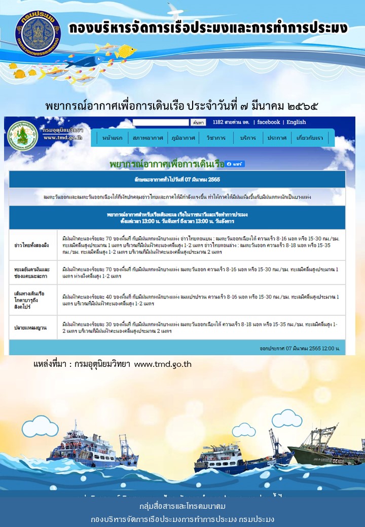 พยากรณ์อากาศเพื่อการเดินเรือ ประจำวันที่ 7 มีนาคม 2565..คลิก
