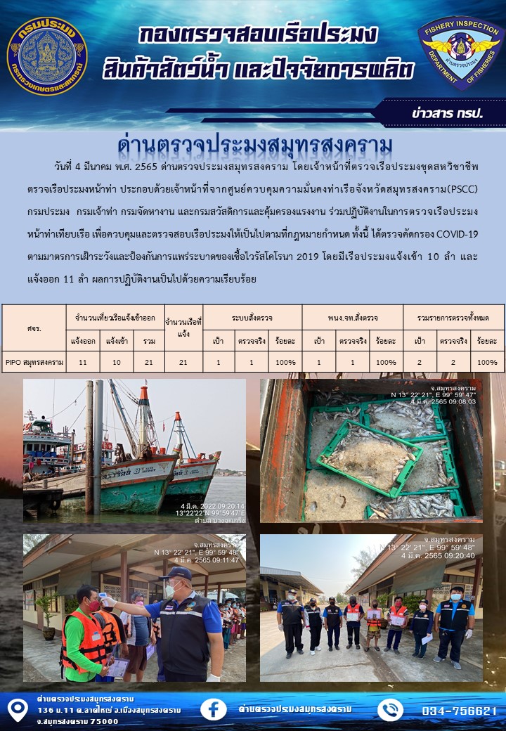 สถิติการแจ้งเข้า - ออกเรือประมงพาณิชย์ ด่านตรวจประมงสมุทรสงคราม ประจำวันที่ 4 มีนาคม 2565..คลิก