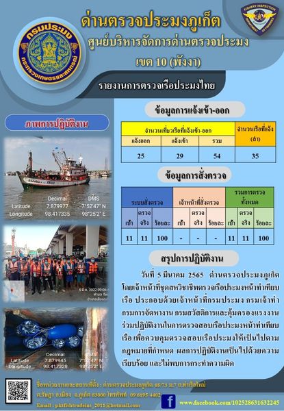 รายงานผลการแจ้งเข้าออกเรือประมงไทยและข้อมูลการสั่งตรวจ ประจำวันที่ 5 มีนาคม 2565..คลิก