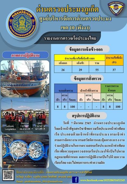 รายงานผลการแจ้งเข้าออกเรือประมงไทยและข้อมูลการสั่งตรวจ ประจำวันที่ 7 มีนาคม 2565..คลิก