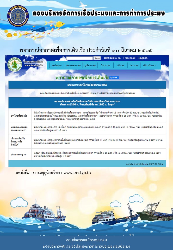 พยากรณ์อากาศเพื่อการเดินเรือ ประจำวันที่ 10 มีนาคม 2565..คลิก