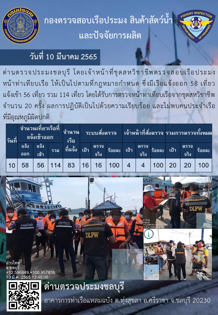 การปฏิบัติงานของเจ้าหน้าที่ด่านตรวจประมงชลบุรีประจำวันที่ 10 มีนาคม 2565..คลิก