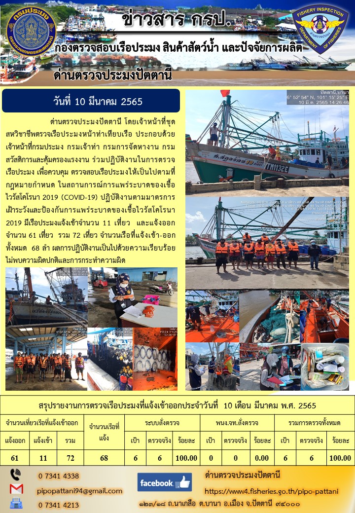 ข่าวสารการปฏิบัติงาน ด่านตรวจประมงปัตตานี 10 มี.ค. 65..คลิก