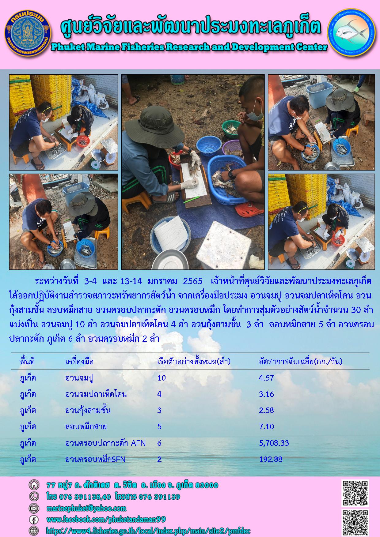 ระหว่างวันที่ 3-4 และ 13-14 มกราคม  2565 เจ้าหน้าที่ศูนย์วิจัยและพัฒนาประมงทะเลภูเก็ต ได้ออกปฏิบัติงานสำรวจสภาวะทรัพยากรสัตว์น้ำจากเครื่องมือประมง อวนจมปู อวนจมปลาเห็ดโคน อวนกุ้งสามชั้น ลอบหมึกสาย อวนครอบปลากะตัก อวนครอบหมึก..คลิก
