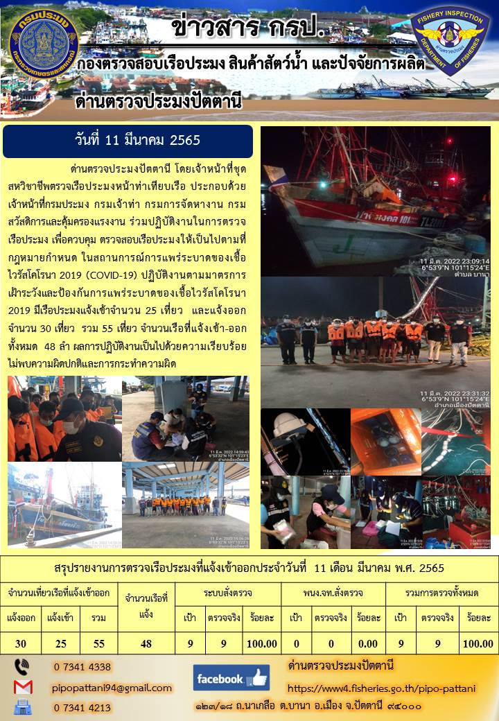 ข่าวสารการปฏิบัติงาน ด่านตรวจประมงปัตตานี 11 มี.ค. 65..คลิก