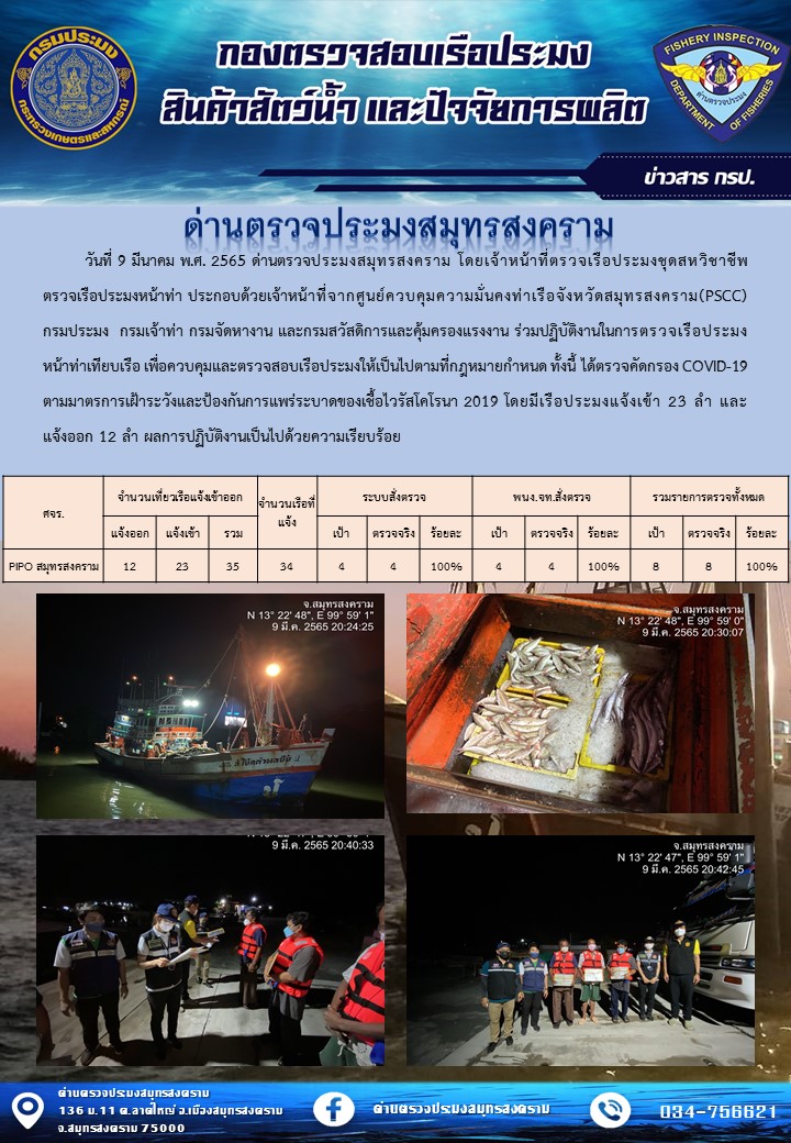 สถิติการแจ้งเข้า - ออกเรือประมงพาณิชย์ ด่านตรวจประมงสมุทรสงคราม ประจำวันที่ 9 มีนาคม 2565..คลิก