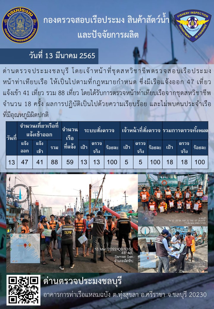 การปฏิบัติงานของเจ้าหน้าที่ด่านตรวจประมงชลบุรีประจำวันที่ 13 มีนาคม 2565..คลิก