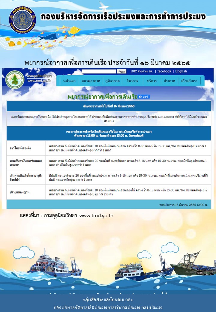 พยากรณ์อากาศเพื่อการเดินเรือ ประจำวันที่ 16 มีนาคม 2565..คลิก