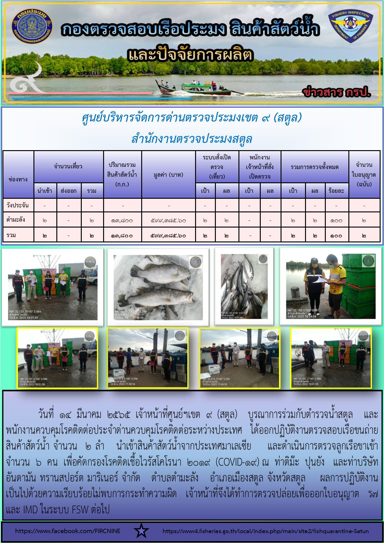 ประชาสัมพันธ์การปฏิบัติงานศูนย์บริหารจัดการด่านตรวจประมงเขต 9(สตูล) ประจำวันที่ 11-15 มีนาคม  2565..คลิก