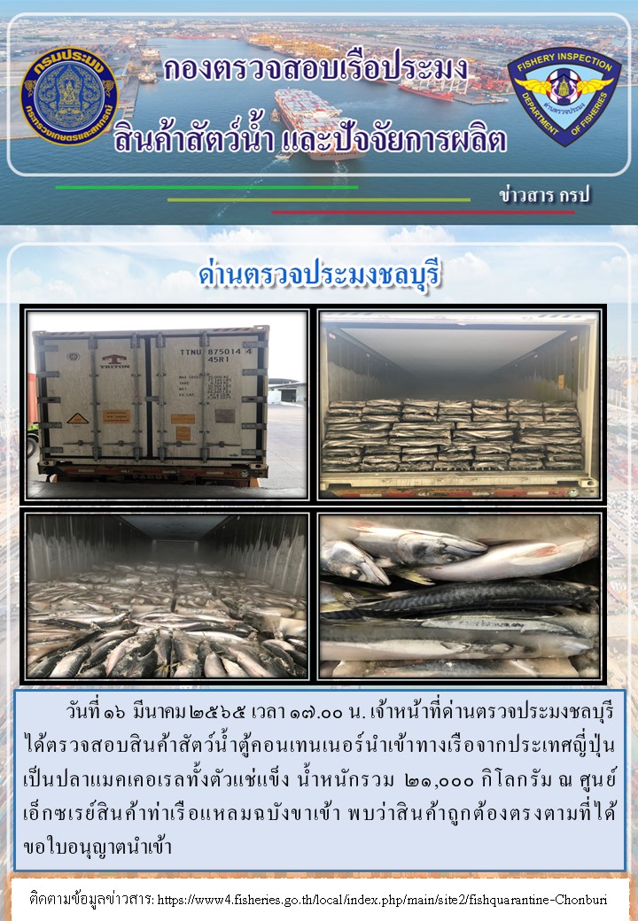 การปฏิบัติงานของเจ้าหน้าที่ด่านตรวจประมงชลบุรีประจำวันที่ 16 มีนาคม 2565..คลิก