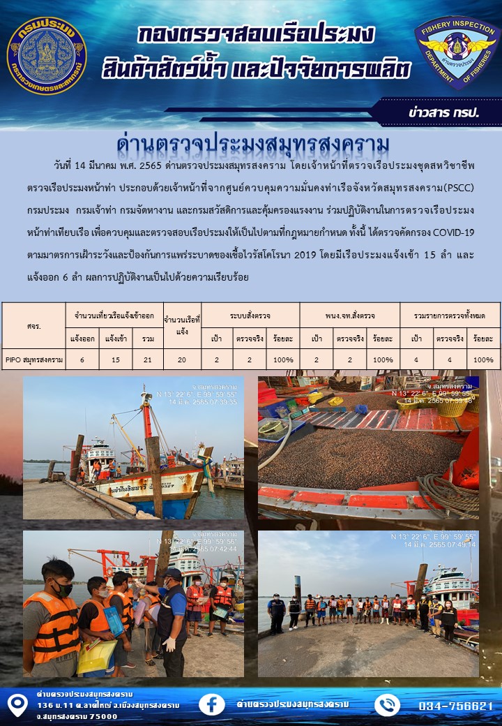 สถิติการแจ้งเข้า - ออกเรือประมงพาณิชย์ ด่านตรวจประมงสมุทรสงคราม ประจำวันที่ 14 มีนาคม 2565..คลิก