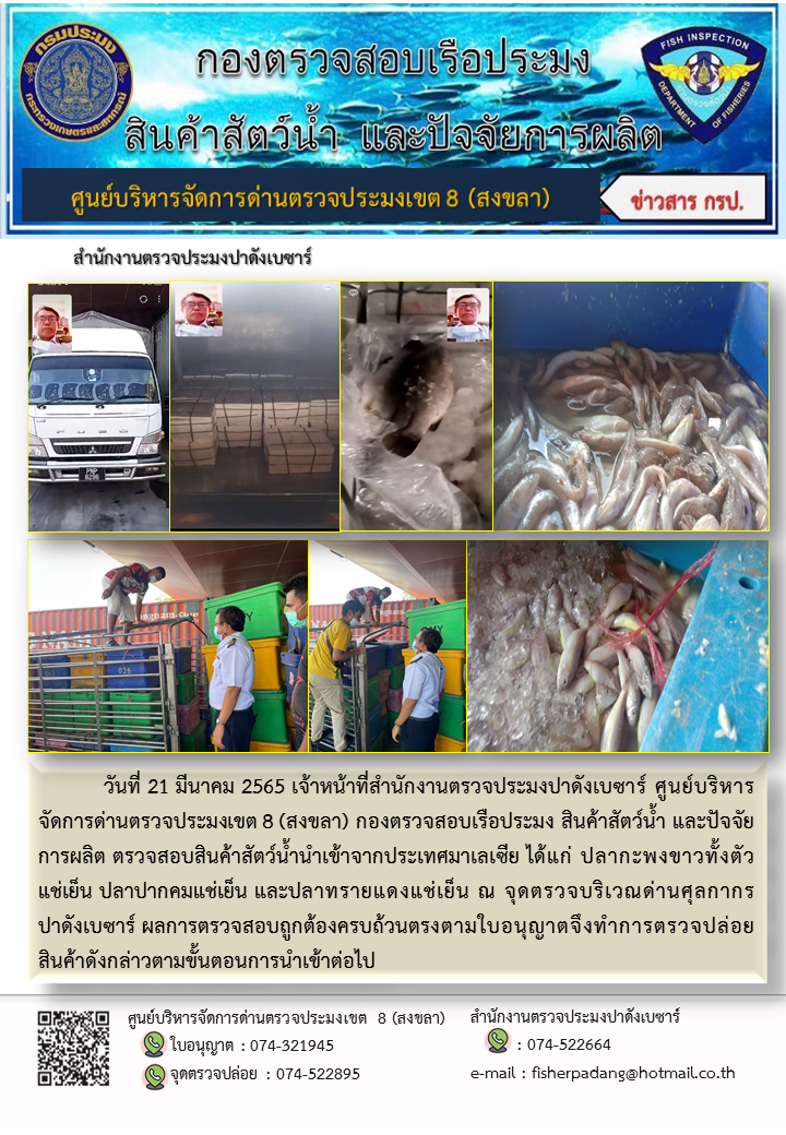 ประชาสัมพันธ์การปฏิบัติงาน วันที่ 21 มีนาคม 2565 สำนักงานตรวจประมงปาดังเบซาร์..คลิก