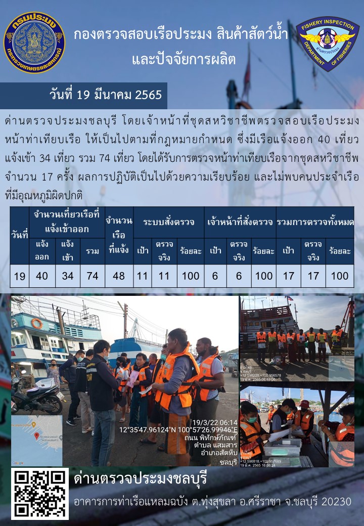 การปฏิบัติงานของเจ้าหน้าที่ด่านตรวจประมงชลบุรีประจำวันที่ 19 มีนาคม 2565..คลิก