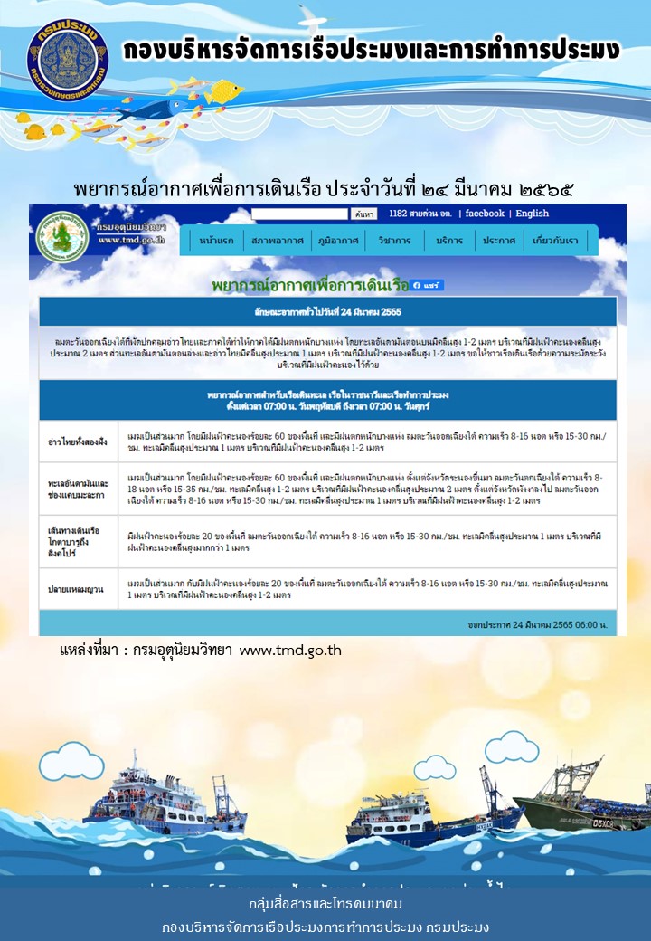 พยากรณ์อากาศเพื่อการเดินเรือ ประจำวันที่ 24 มีนาคม 2565..คลิก