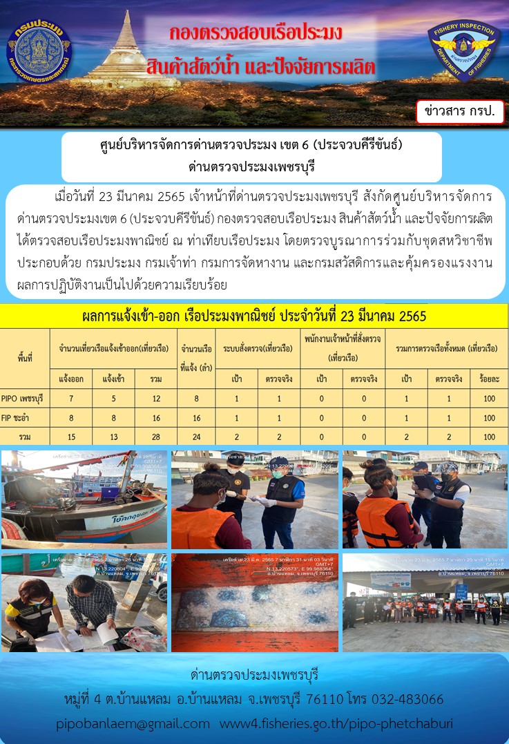 ข่าวประชาสัมพันธ์ ด่านตรวจประมงเพชรบุรี สถิติเรือที่แจ้งเข้า - ออก ประจำวันที่ 23 มี.ค. 2565..คลิก