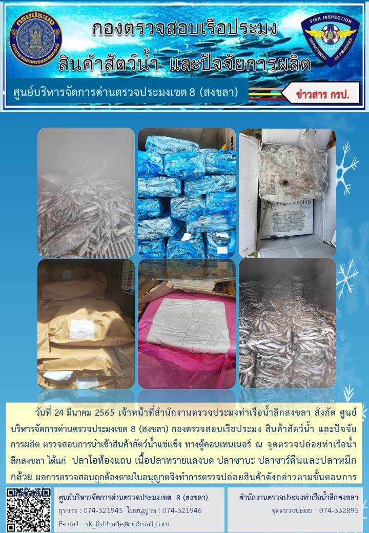 วันที่ 24 มีนาคม 2565 เจ้าหน้าที่สำนักงานตรวจประมงท่าเรือน้ำลึกสงขลา สังกัด ศูนย์บริหารจัดการด่านตรวจประมงเขต 8 (สงขลา) กองตรวจสอบเรือประมง สินค้าสัตว์น้ำ และปัจจัยการผลิต ตรวจสอบการนำเข้าสินค้าสัตว์น้ำแช่แข็ง ทางตู้คอนเทนเนอร์ ณ จุดตรวจปล่อยท่าเรือน้ำลึกสงขลา..คลิก
