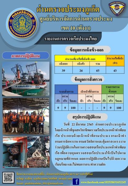รายงานผลการแจ้งเข้าออกเรือประมงไทยและข้อมูลการสั่งตรวจ ประจำวันที่ 22 มีนาคม 2565..คลิก