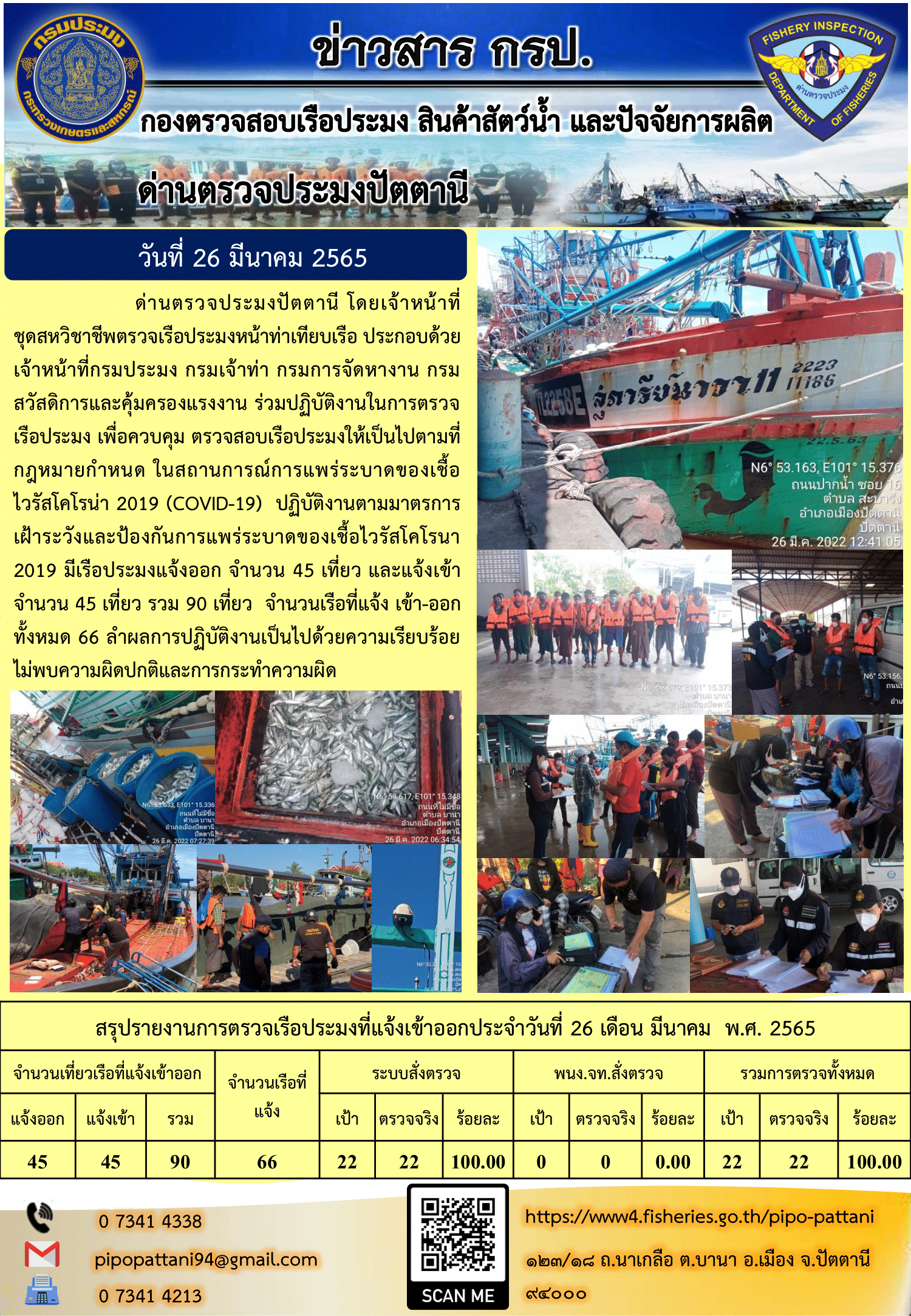 ข่าวสารการปฏิบัติงาน ด่านตรวจประมงปัตตานี 26 มี.ค. 65