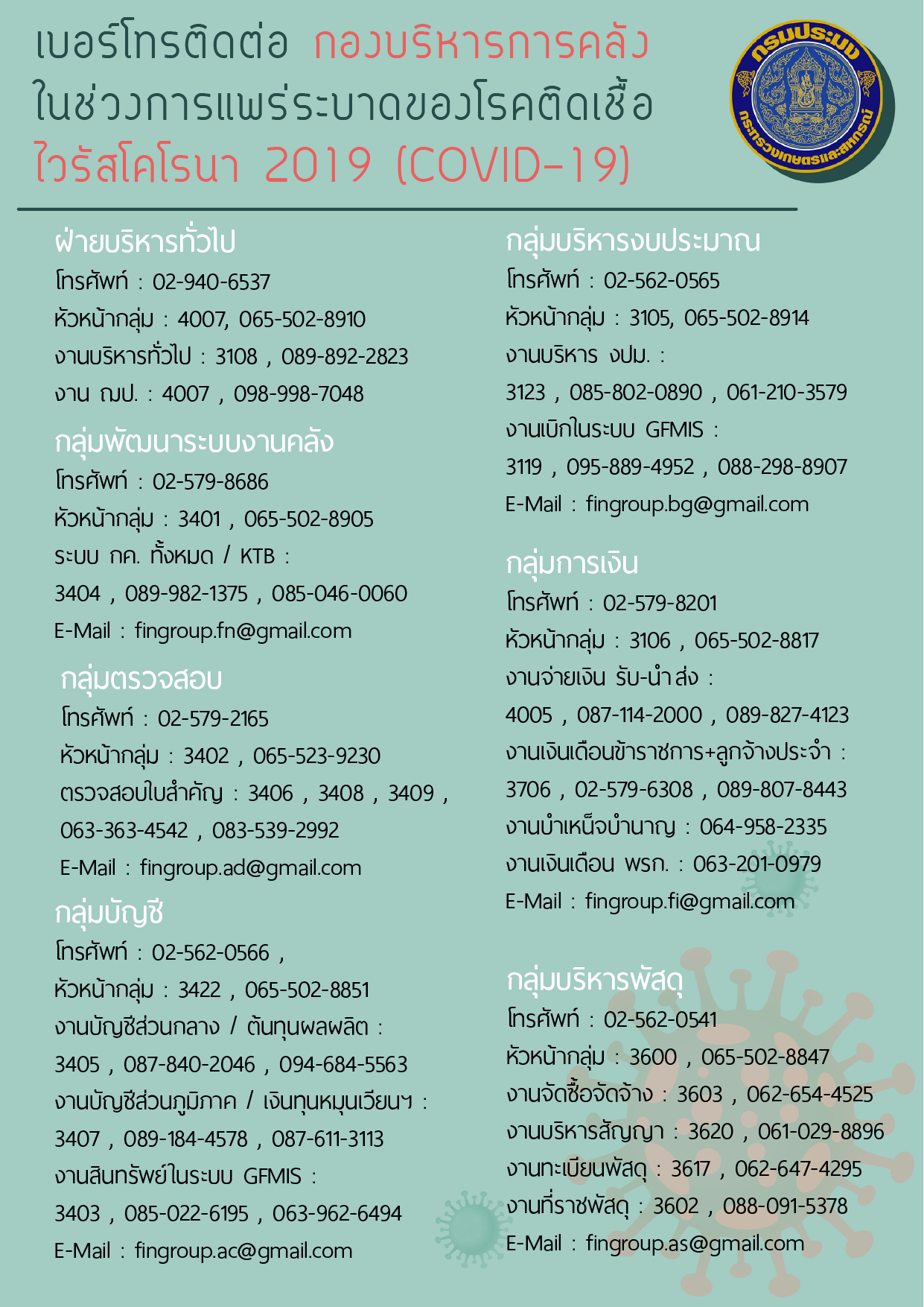 ประชาสัมพันธ์ เบอร์โทรติดต่อ กองบริหารการคลัง ในช่วงการแพร่ระบาดของโรคติดเชื้อไวรัสโคโรนา 2019 (COVID - 19)..คลิก
