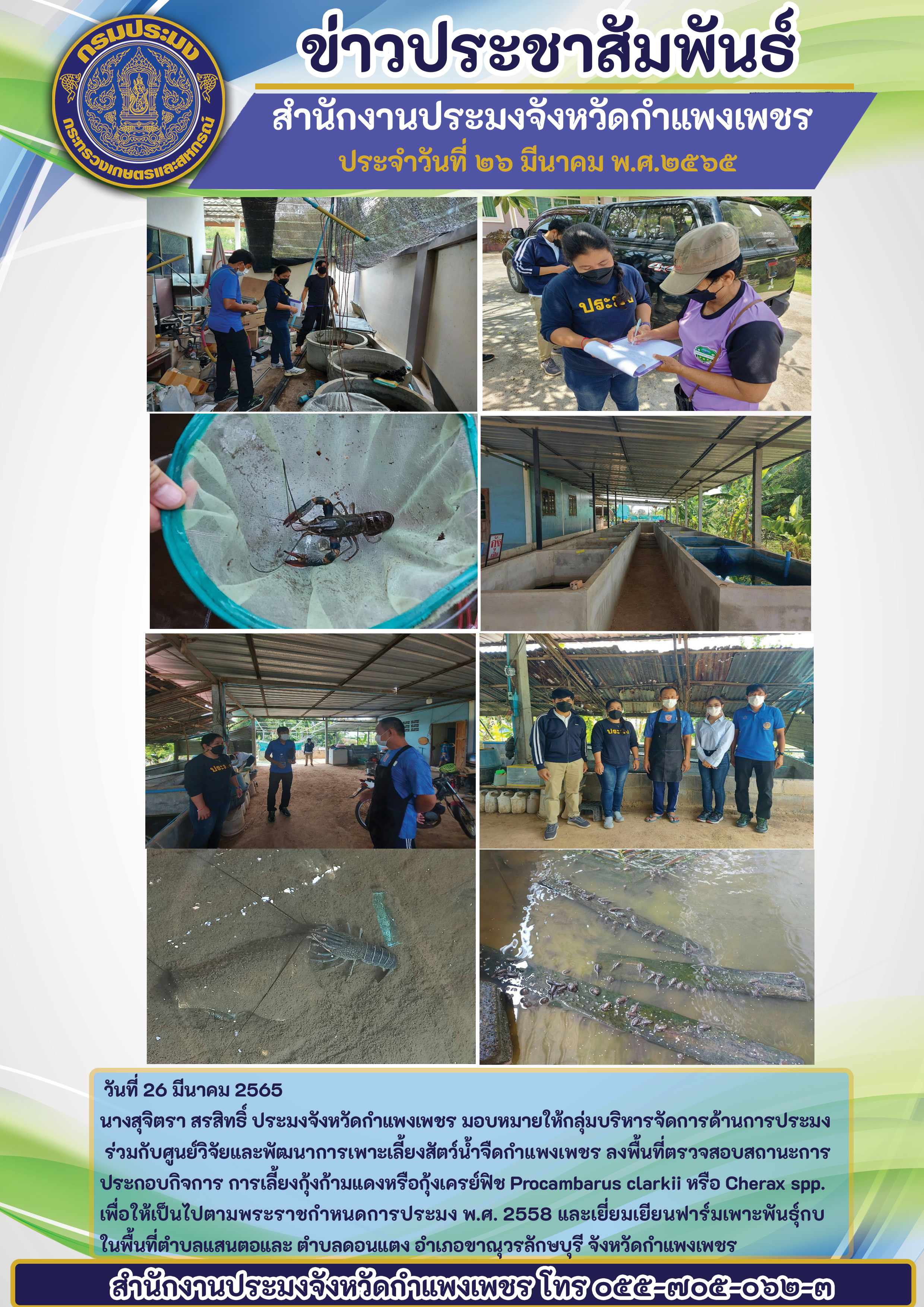 ลงพื้นที่ตรวจสอบสถานะการประกอบกิจการ การเลี้ยงกุ้งก้ามแดงหรือกุ้งเครย์ฟิช Procambarus clarki หรือ Cherax spp. เพื่อให้เป็นไปตามพระราชกำหนดการประมง พ.ศ. 2558 และเยี่ยมเยียนฟาร์มเพาะพันธุ์กบ ในพื้นที่ตำบลแสนตอและ ตำบลดอนแตง อำเภอขาณุวรลักษบุรี จังหวัดกำแพงเพชร