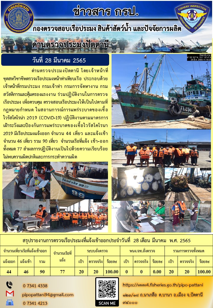 ข่าวสารการปฏิบัติงาน ด่านตรวจประมงปัตตานี 28 มี.ค. 65..คลิก