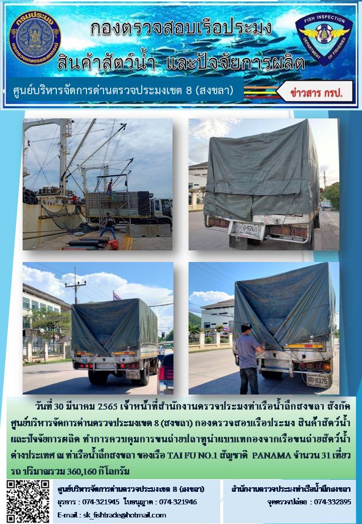 วันที่ 30 มีนาคม 2565 เจ้าหน้าที่สำนักงานตรวจประมงท่าเรือน้ำลึกสงขลา สังกัด ศูนย์บริหารจัดการด่านตรวจประมงเขต 8 (สงขลา) กองตรวจสอบเรือประมง สินค้าสัตว์น้ำ และปัจจัยการผลิต ทำการควบคุมการขนถ่ายปลาทูน่าแบบเทกองจากเรือขนถ่ายสัตว์น้ำต่างประเทศ ณ ท่าเรือน้ำลึกสงขลา ของเรือ TAI FU NO.1 สัญชาติ  PANAMA..คลิก