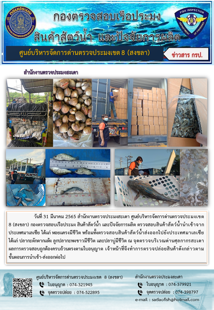 ประชาสัมพันธ์การปฏิบัติงาน วันที่ 31 มีนาคม 2565 สำนักงานตรวจประมงสะเดา..คลิก