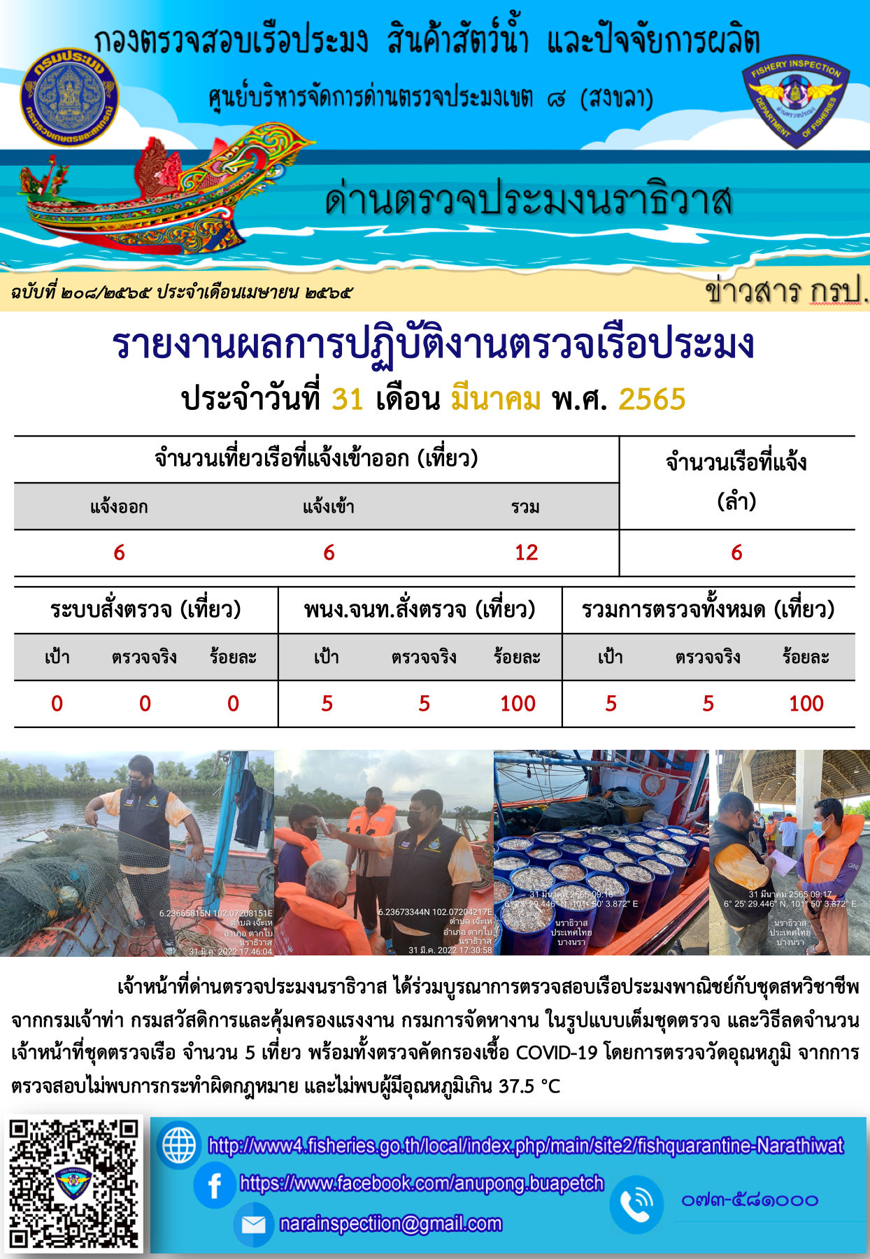 ประชาสัมพันธ์ด่านตรวจประมงนราธิวาส ประจำวันที่ 31 มีนาคม 2565..คลิก