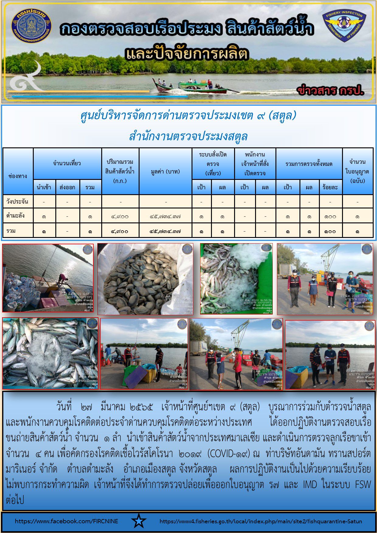 ประชาสัมพันธ์การปฏิบัติงานศูนย์บริหารจัดการด่านตรวจประมงเขต 9(สตูล) ประจำวันที่ 26-31 มีนาคม  2565..คลิก