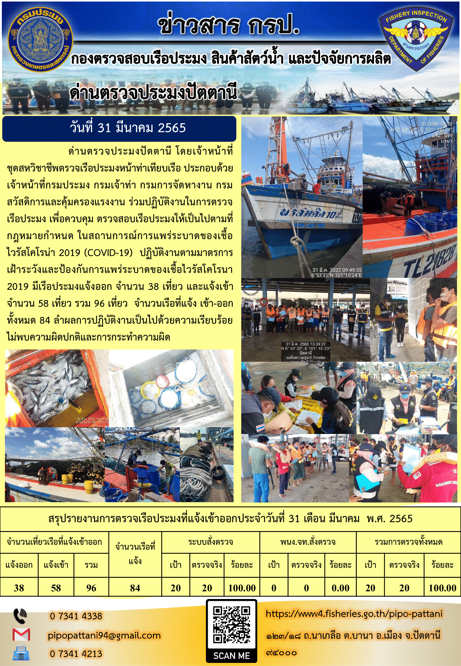 ข่าวสารการปฏิบัติงาน ด่านตรวจประมงปัตตานี 31 มี.ค. 65..คลิก
