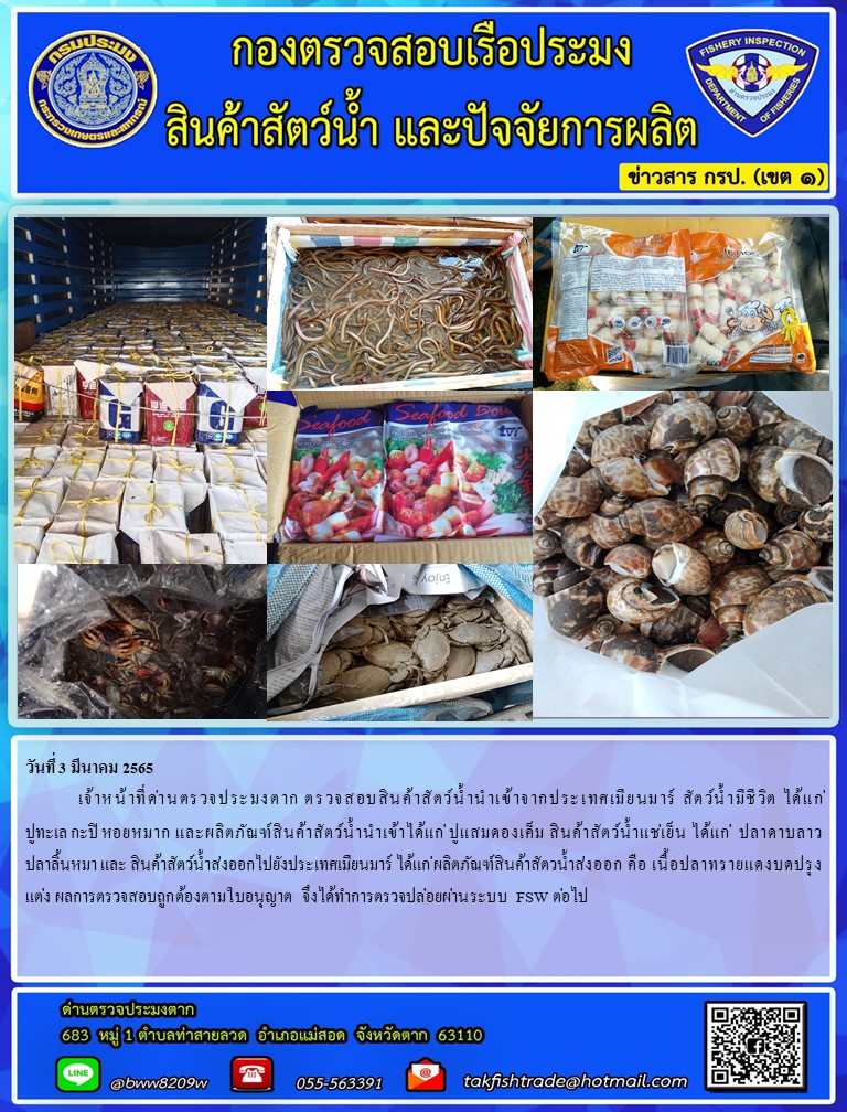 วันที่ 3 มีนาคม 2565  	เจ้าหน้าที่ด่านตรวจประมงตาก ตรวจสอบสินค้าสัตว์น้ำนำเข้าจากประเทศเมียนมาร์ สัตว์น้ำมีชีวิต ได้แก่ปูทะเล กะปิ หอยหมาก และผลิตภัณฑ์สินค้าสัตว์น้ำนำเข้าได้แก่ ปูแสมดองเค็ม สินค้าสัตว์น้ำแช่เย็น ได้แก่  ปลาดาบลาว ปลาลิ้นหมา และ สินค้าสัตว์น้ำส่งออกไปยังประเทศเมียนมาร์ ได้แก่ ผลิตภัณฑ์สินค้าสัตวน้ำส่งออก คือ เนื้อปลาทรายแดงบดปรุงแต่ง ผลการตรวจสอบถูกต้องตามใบอนุญาต จึงได้ทำการตรวจปล่อยผ่านระบบ FSW ต่อไป..คลิก