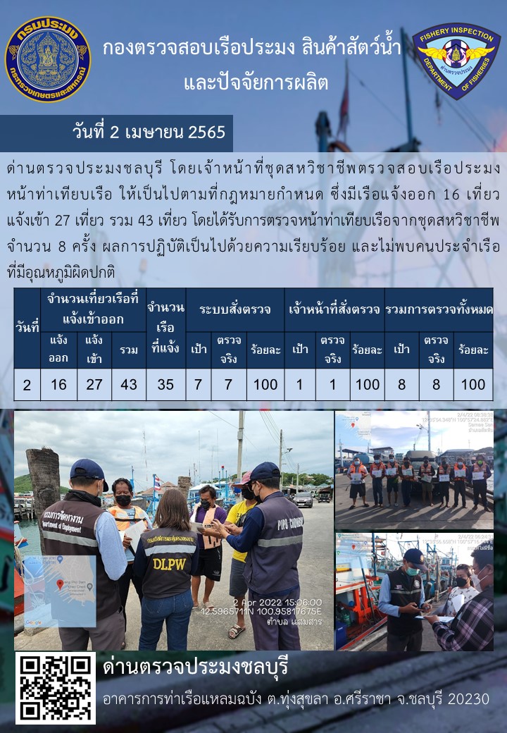 การปฏิบัติงานของเจ้าหน้าที่ด่านตรวจประมงชลบุรีประจำวันที่ 2 เมษายน 2565