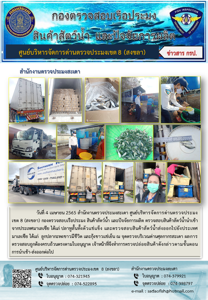 ประชาสัมพันธ์การปฏิบัติงาน วันที่ 4 เมษายน 2565 สำนักงานตรวจประมงสะเดา..คลิก