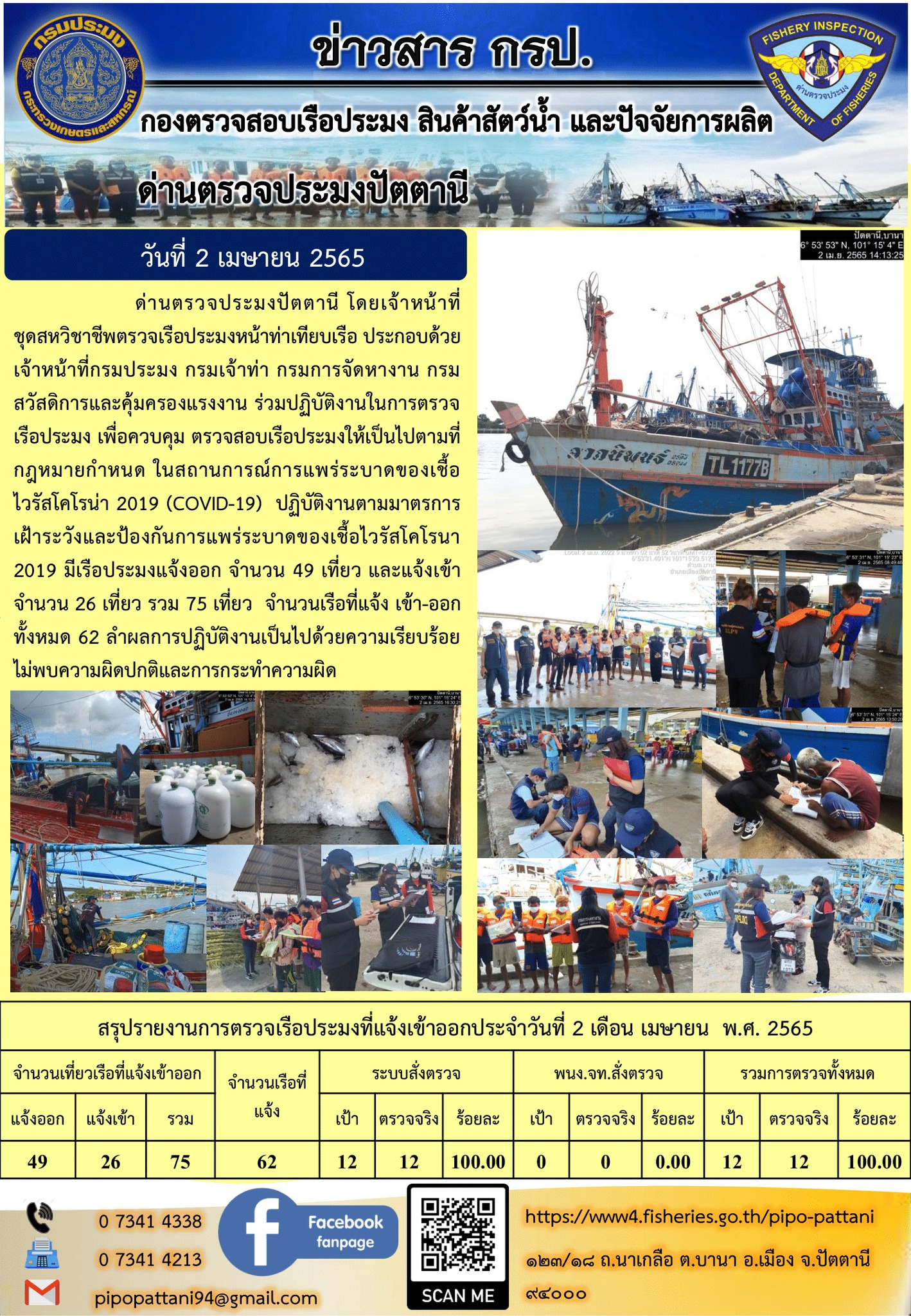 ข่าวสารการปฏิบัติงาน ด่านตรวจประมงปัตตานี 2 เม.ย 65..คลิก