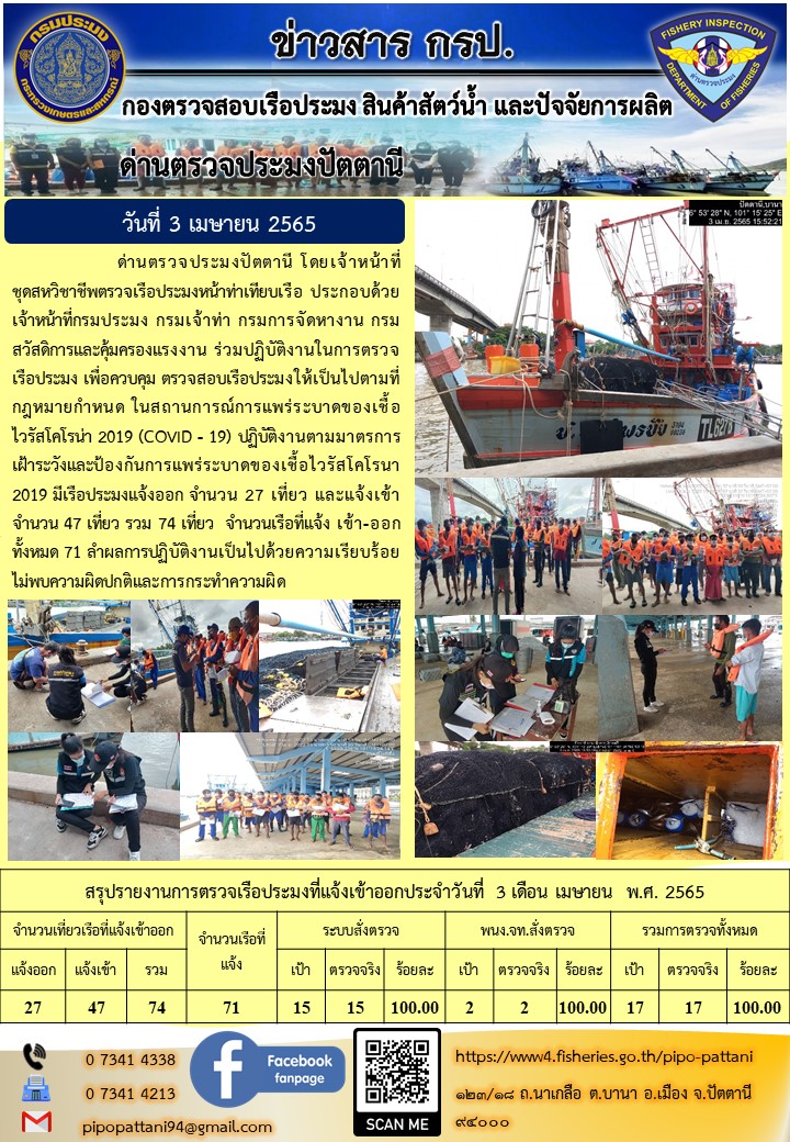 ข่าวสารการปฏิบัติงาน ด่านตรวจประมงปัตตานี 3 เม.ย 65..คลิก