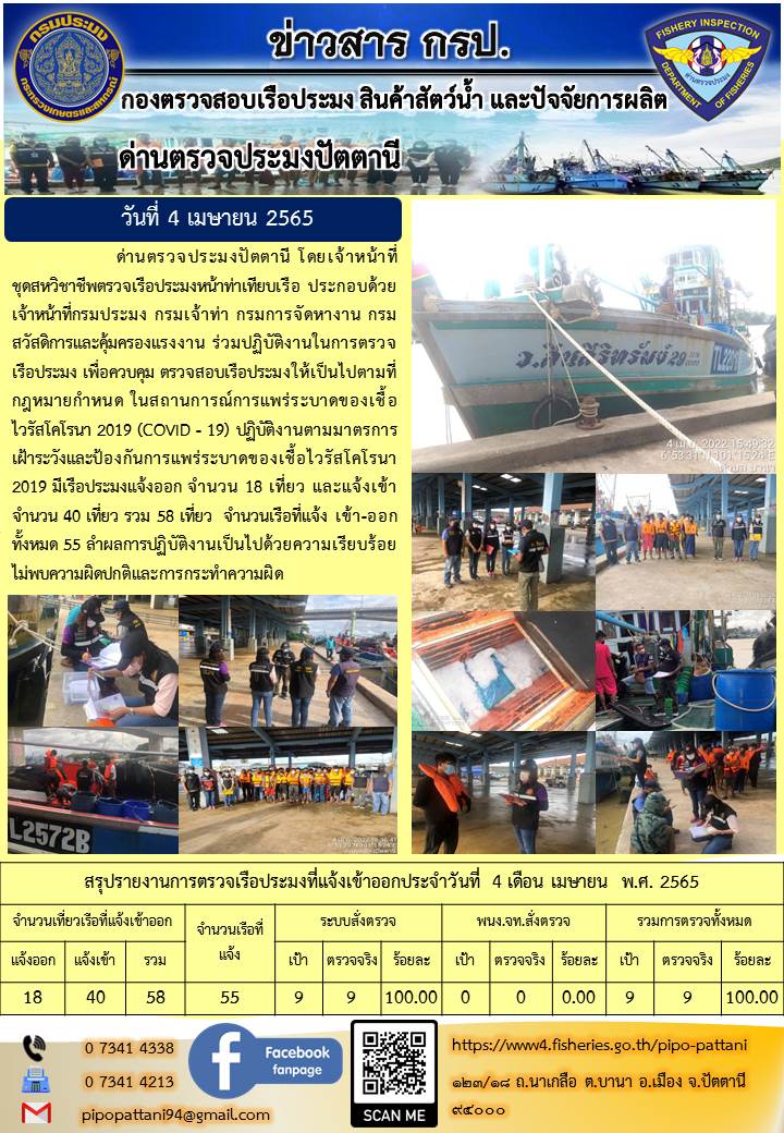 ข่าวสารการปฏิบัติงาน ด่านตรวจประมงปัตตานี 4 เม.ย 65..คลิก