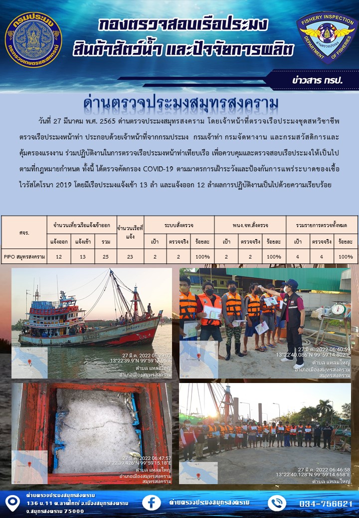 สถิติการแจ้งเข้า - ออกเรือประมงพาณิชย์ ด่านตรวจประมงสมุทรสงคราม ประจำวันที่ 27 มีนาคม 2565..คลิก