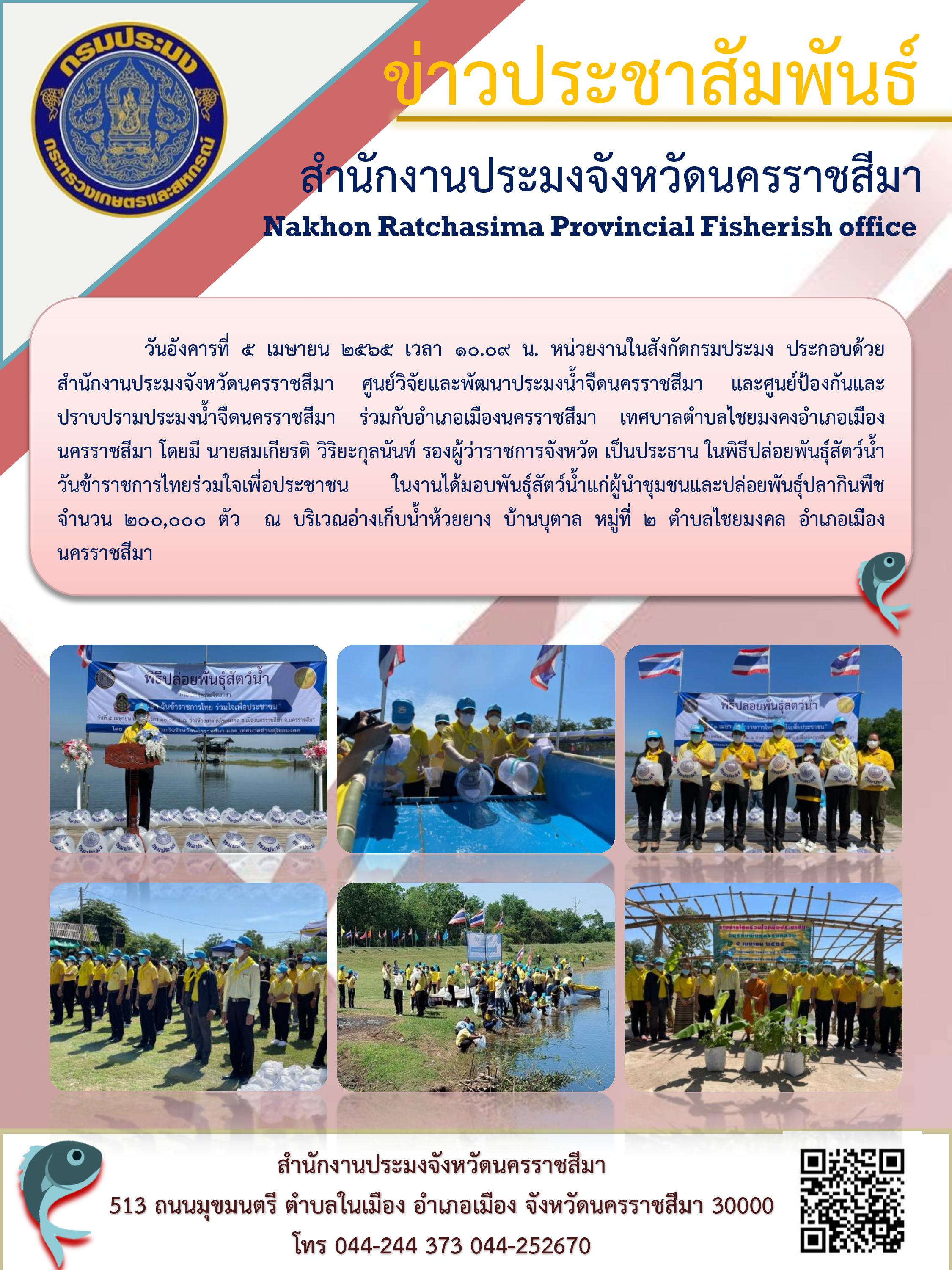 หน่วยงานในสังกัดกรมประมง ประกอบด้วย สำนักงานประมงจังหวัดนครราชสีมา ศูนย์วิจัยและพัฒนาประมงน้ำจืดนครราชสีมา และศูนย์ป้องกันและปราบปรามประมงน้ำจืดนครราชสีมา ร่วมกับอำเภอเมืองนครราชสีมา เทศบาลตำบลไชยมงคงอำเภอเมืองนครราชสีมา พิธีปล่อยพันธุ์สัตว์น้ำวันข้าราชการไทยร่วมใจเพื่อประชาชน..คลิก