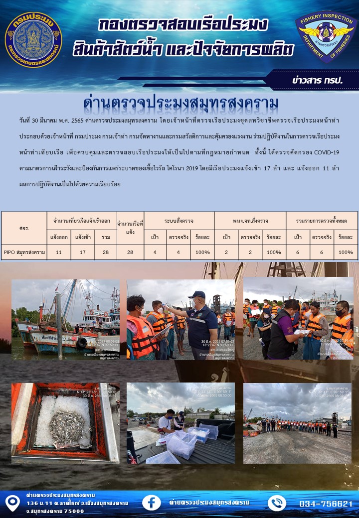 สถิติการแจ้งเข้า - ออกเรือประมงพาณิชย์ ด่านตรวจประมงสมุทรสงคราม ประจำวันที่ 30 มีนาคม 2565..คลิก