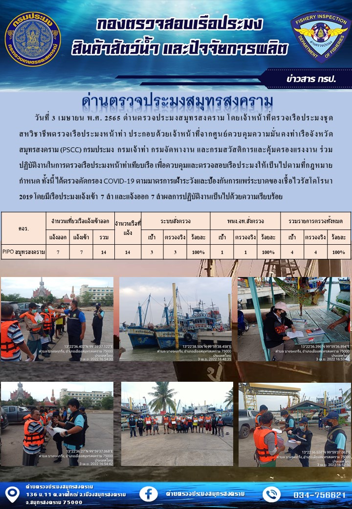 สถิติการแจ้งเข้า - ออกเรือประมงพาณิชย์ ด่านตรวจประมงสมุทรสงคราม ประจำวันที่ 3 เมษายน 2565..คลิก