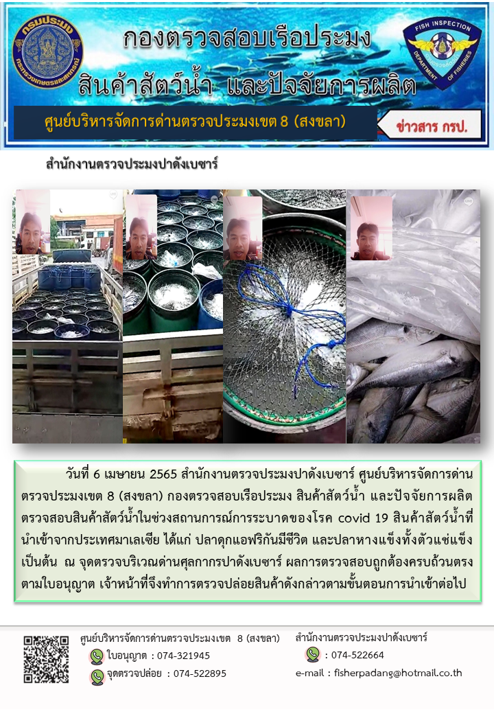 ประชาสัมพันธ์การปฏิบัติงาน วันที่ 6 เมษายน 2565 สำนักงานตรวจประมงปาดังเบซาร์..คลิก