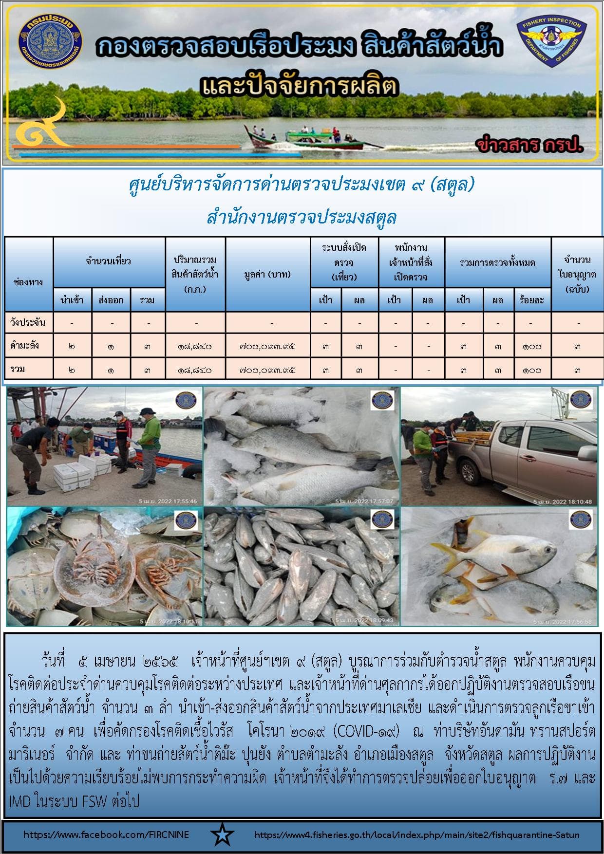 ประชาสัมพันธ์การปฏิบัติงานศูนย์บริหารจัดการด่านตรวจประมงเขต 9 (สตูล) ประจำวันที่  1 - 5 เมษายน 2565..คลิก